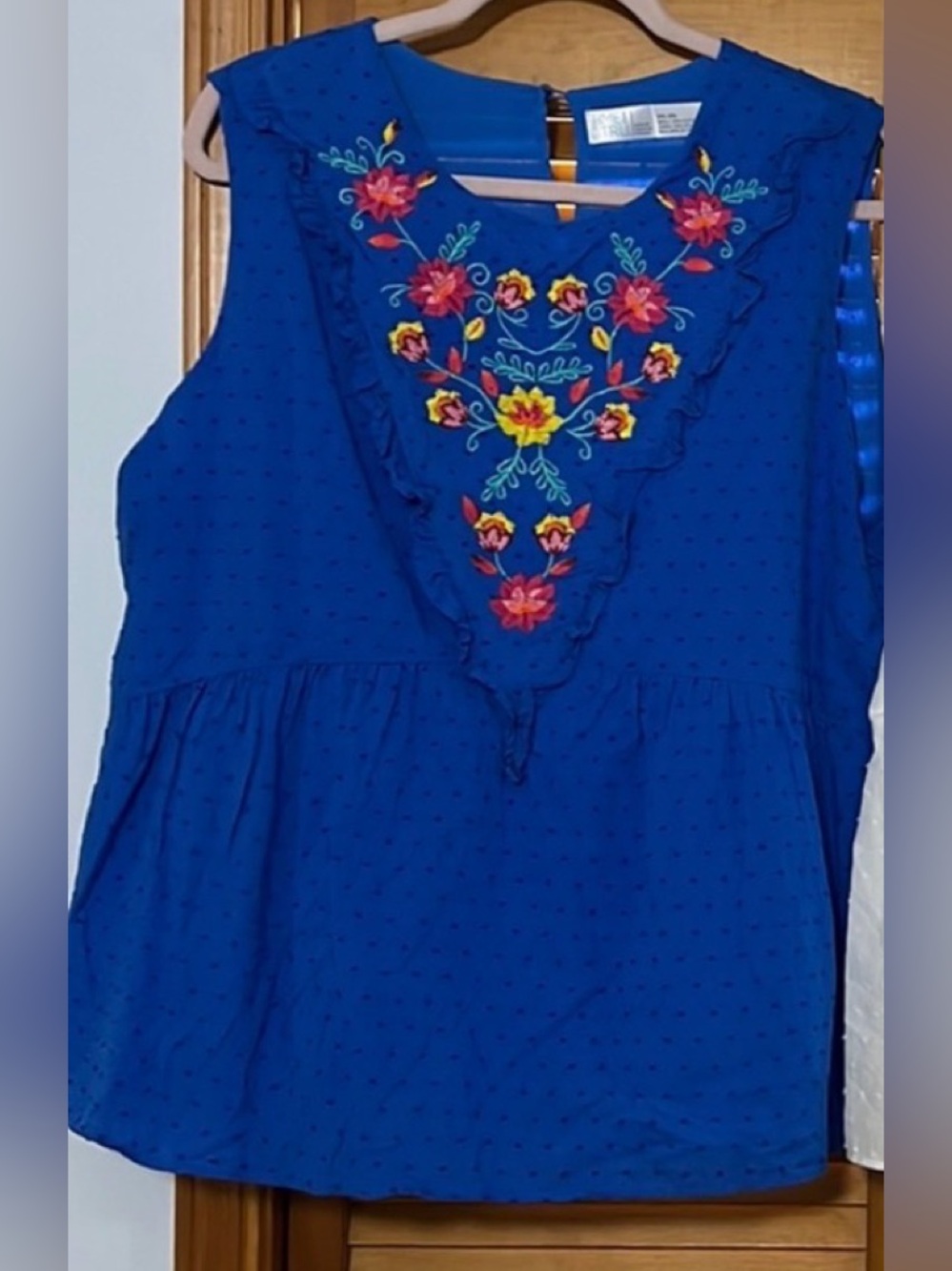 Sleeveless Royal Blue Embroidered V-Neck Women's Top 2xl